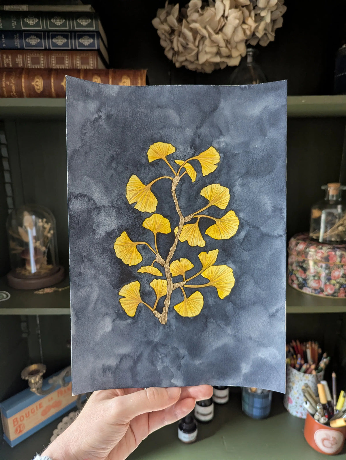Peinture Originale à l'Aquarelle - Branche de Ginkgo Biloba
